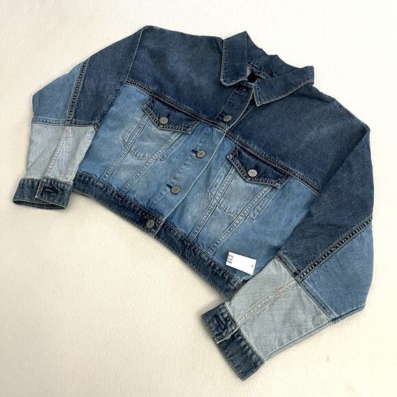 NWT Gap Kids Teen Girls Dolman Cropped Blue Color Block Denim Jean Jacket 12 XL - Picture 3 of 11